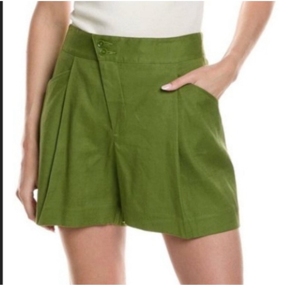 CAbi Green High-Waist Pleated Shorts